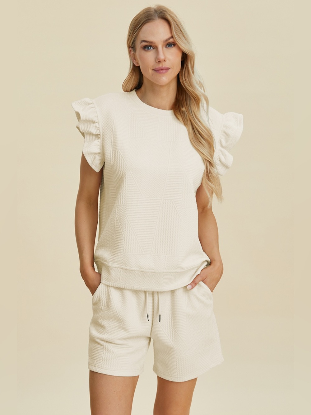 Double Take Full Size Texture Round Neck Ruffle Sleeve Top and Shorts Set